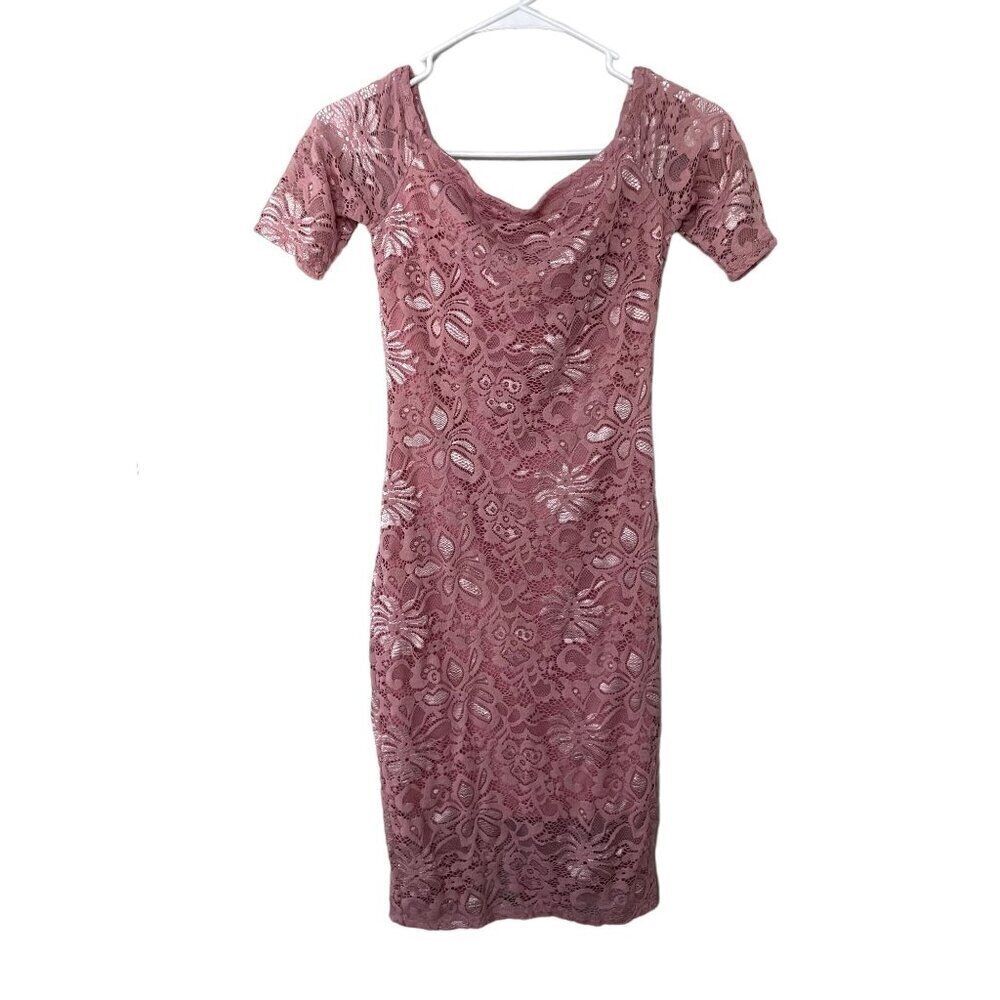 LoveJ pink bodycon lace floral dress off the shoulder style nylon spandex size S